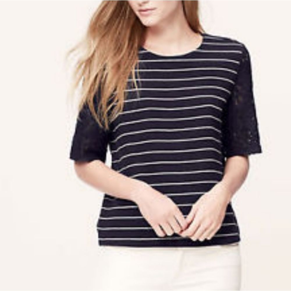 Loft Blue and White Striped top w/ lace sleeves zipper closure on the back.